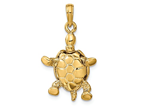 14k Yellow Gold Solid 3D Polished and Textured Moveable Turtle Pendant