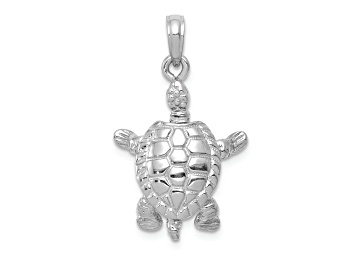 Picture of Rhodium Over 14k White Gold Solid 3D Polished and Textured Moveable Turtle Pendant