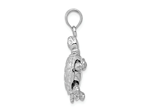 Rhodium Over 14k White Gold Solid 3D Polished and Textured Moveable Turtle Pendant