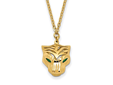 14K Yellow Gold Polished Diamond-cut Green Enamel Tiger Necklace
