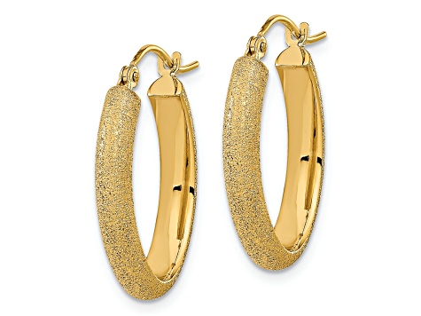 14k Yellow Gold Polished, Textured and Satin 7/8" Oval Hoop Earrings