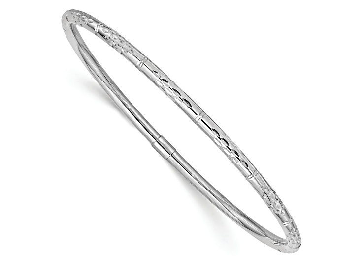 Rhodium Over 14k White Gold Polished Diamond-Cut 3mm Slip-on Bangle