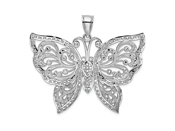 Rhodium Over 14k White Gold Large Diamond-Cut Beaded Butterfly Charm