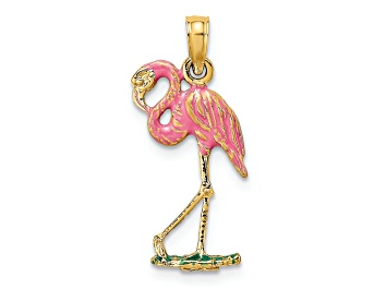 Picture of 10K Yellow Gold 3D Pink Enameled Flamingo Charm