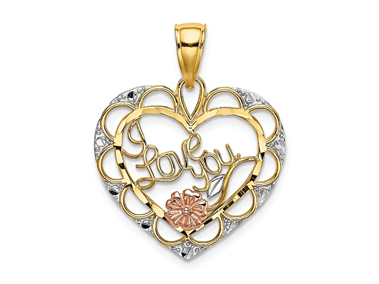 14K Tri-color Gold Textured I Love You in Heart with Flower Charm