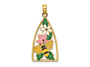 14k Yellow Gold Multi-Color Enameled Bumblebee and Flowers Triangle Charm