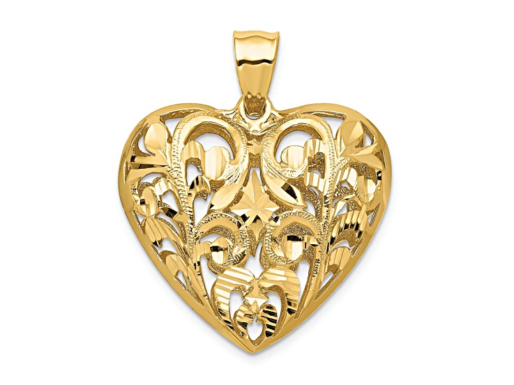 14k Yellow Gold Polished, Diamond-Cut and Textured Filigree 3D Heart Pendant
