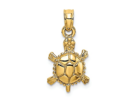14k Yellow Gold 3D Polished and Textured Land Turtle Pendant