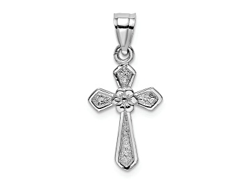 Picture of Rhodium Over 14k White Gold Textured Small Cross with Flower Pendant