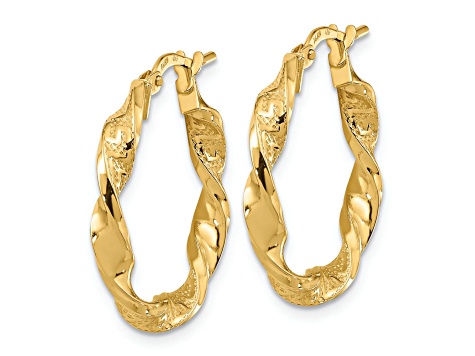 14K Yellow Gold 15/16" Polished and Textured Twisted Hoop Earrings