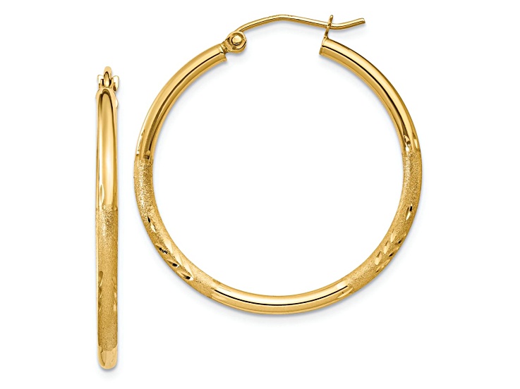 10k Yellow Gold Satin and Diamond-Cut 1 3/16" Round Tube Hoop Earrings