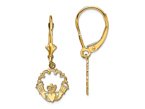 10k Yellow Gold Polished and Textured Claddagh Dangle Earrings