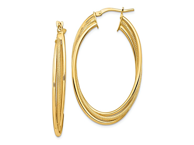 14k Yellow Gold 1 11/16" Polished and Textured Twisted Fancy Oval Hoop Earrings