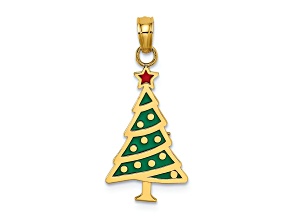14K Yellow Gold Enamel Green Christmas Tree with Red Star Charm Pendant