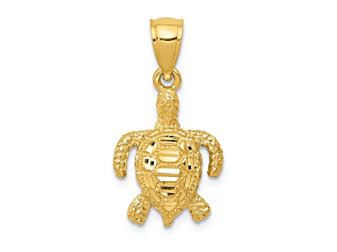 14K Yellow Gold Polished and Textured Diamond-cut Sea Turtle Pendant
