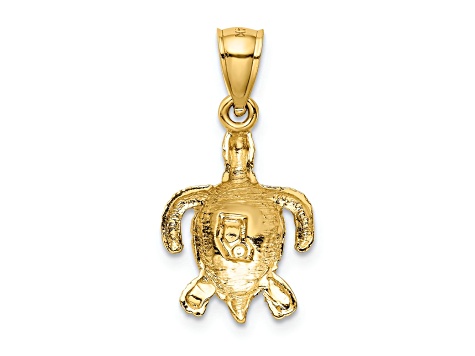 14K Yellow Gold Polished and Textured Diamond-cut Sea Turtle Pendant