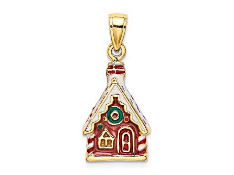 14K Yellow Gold Enameled Gingerbread House Charm Pendant