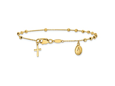 14k Yellow Gold Polished and Diamond-Cut Miraculous Medal and Cross Rosary Bracelet