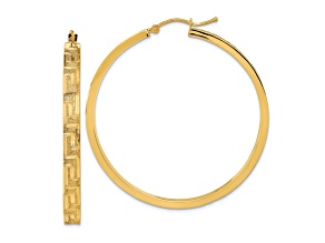 14k Yellow Gold Polished and Satin 1 13/16" Greek Pattern Hoop Earrings