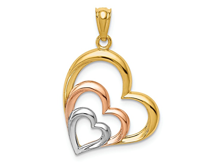 14k Yellow Gold and 14k Rose Gold with Rhodium Over 14k Yellow Gold Polished Three Hearts Pendant