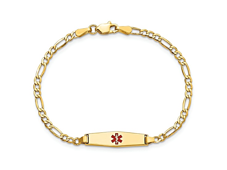 14k Yellow Gold Medical Soft Diamond Shape Red Enamel Figaro Link ID Bracelet