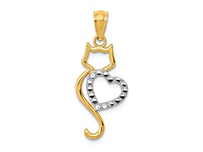 14K Yellow Gold with White Rhodium-Plated Polished Cat with Heart Pendant