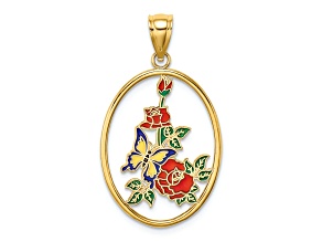 14k Yellow Gold Multi-Color Enamel Butterfly with Flowers in Oval Charm