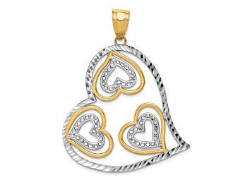 Picture of 14k Yellow Gold and Rhodium Over 14k Yellow Gold Polished and Textured Hearts Inside Heart Pendant