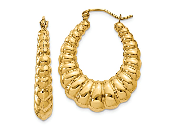 14k Yellow Gold Polished Textured 1/2" Scalloped Hoop Earrings