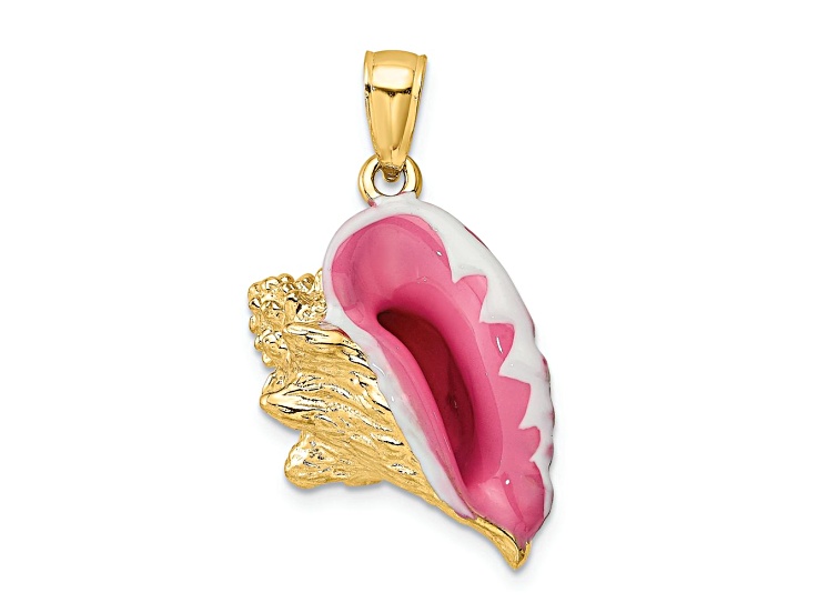 14k Yellow Gold Polished and Textured Multi-color Enamel 3D Conch Shell Charm