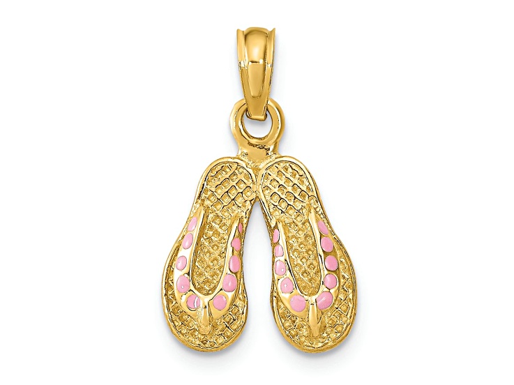 14k Yellow Gold 3D Textured with Pink Enamel Double Flip-Flop Charm