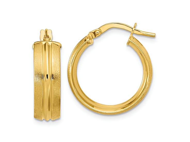 14k Yellow Gold 3/4 inch Polished and Satin Round Hoop Earrings