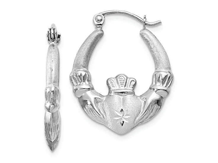 Rhodium Over 14k White Gold Satin and Diamond-Cut 13/16" Claddagh Hoop Earrings