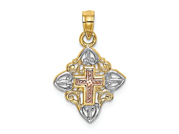 Picture of Rhodium Over 14K Tri-color Gold Cross Inside Frame Charm Pendant