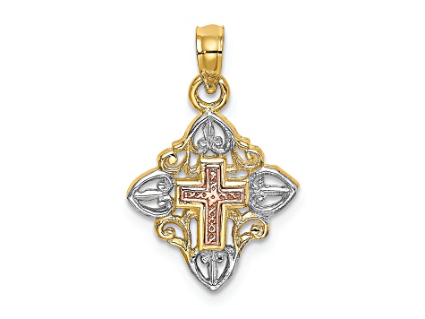 Rhodium Over 14K Tri-color Gold Cross Inside Frame Charm Pendant