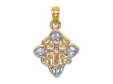 Rhodium Over 14K Tri-color Gold Cross Inside Frame Charm Pendant