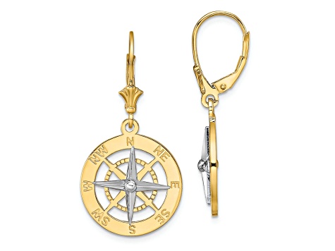 14k Yellow Gold and 14k White Gold Nautical Compass Dangle Earrings
