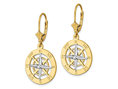 14k Yellow Gold and 14k White Gold Nautical Compass Dangle Earrings