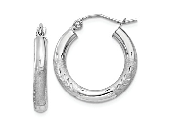 Picture of Rhodium Over 14K White Gold 9/16" Satin and Diamond-Cut Round Hoop Earrings