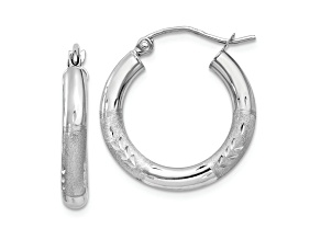 Rhodium Over 14K White Gold 9/16" Satin and Diamond-Cut Round Hoop Earrings