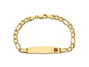 14k Yellow Gold Medical Soft Diamond Shape Red Enamel Figaro Link ID Bracelet