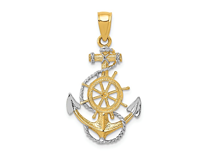 10K Yellow Gold and Rhodium Over 10K Yellow Gold Anchor with Rope Pendant