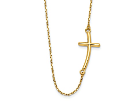 14K Yellow Gold Large Sideways Curved Cross Necklace