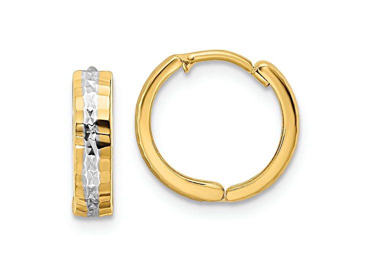 14k Yellow Gold and Rhodium Over 14k Yellow Gold 7/16" Diamond-Cut Hinged Hoop Earrings