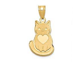 14K Yellow Gold Laser Cut Cat with Heart Charm