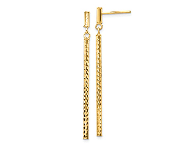 14k Yellow Gold Polished and Diamond-Cut Bar Dangle Earrings