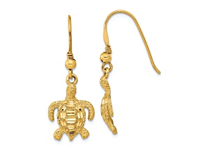 14k Yellow Gold Polished, Textured and Diamond-Cut Turtle Dangle Earrings