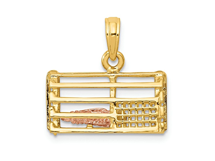 10K Yellow Gold and 10K Rose Gold Polished and Textured 3D Lobster Trap Pendant