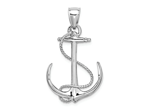 Rhodium Over 14K White Gold Polished and Textured 3D Anchor with Rope Charm