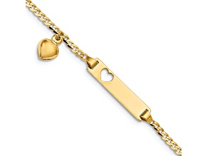 14k Yellow Gold Cut-out Heart with Dangling Heart Children's Curb Link ID Bracelet